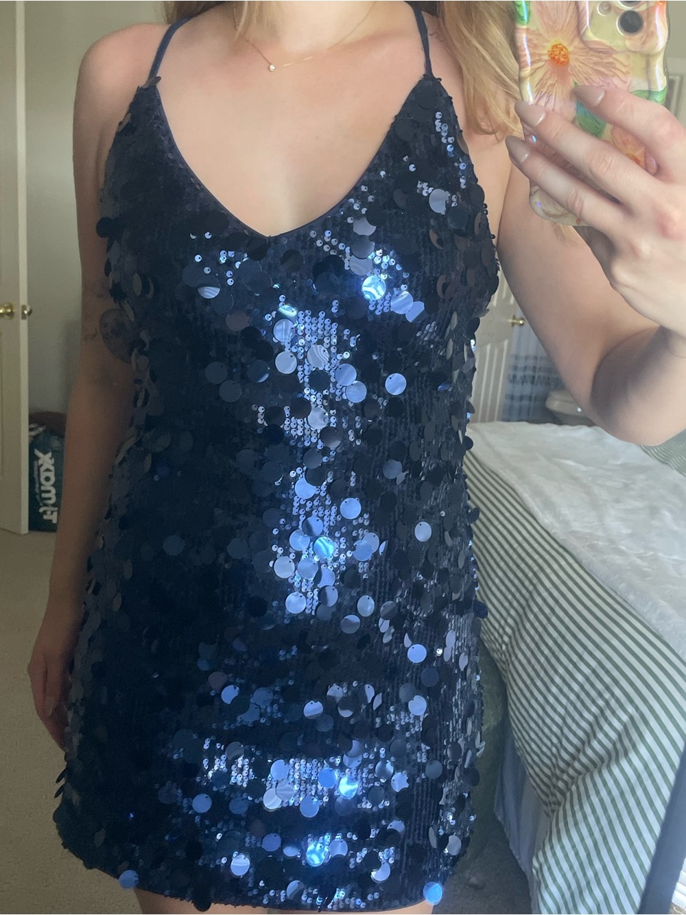 Cider Navy Blue Sequin V-Neck Mini Dress